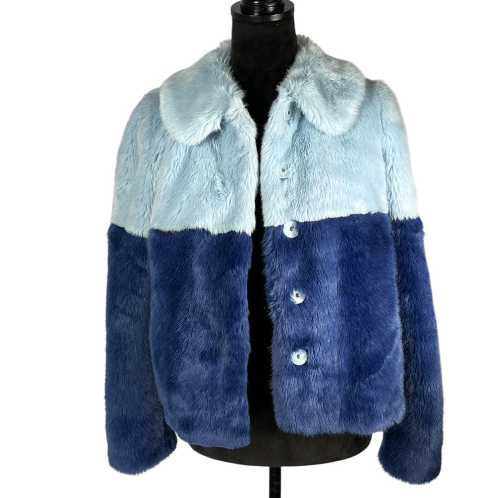 Alice & Olivia Blue Faux Fur Jacket Two-Tone Color Block Quilted Teddy Coat - Picture 9 of 14